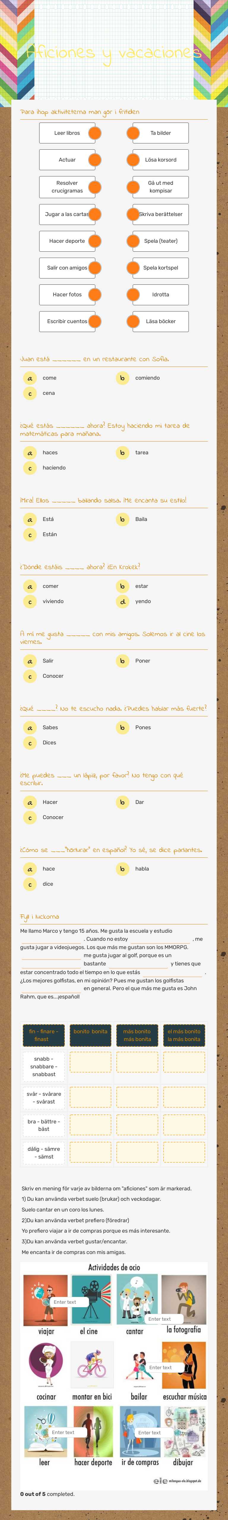 Aficiones y vacaciones worksheet preview