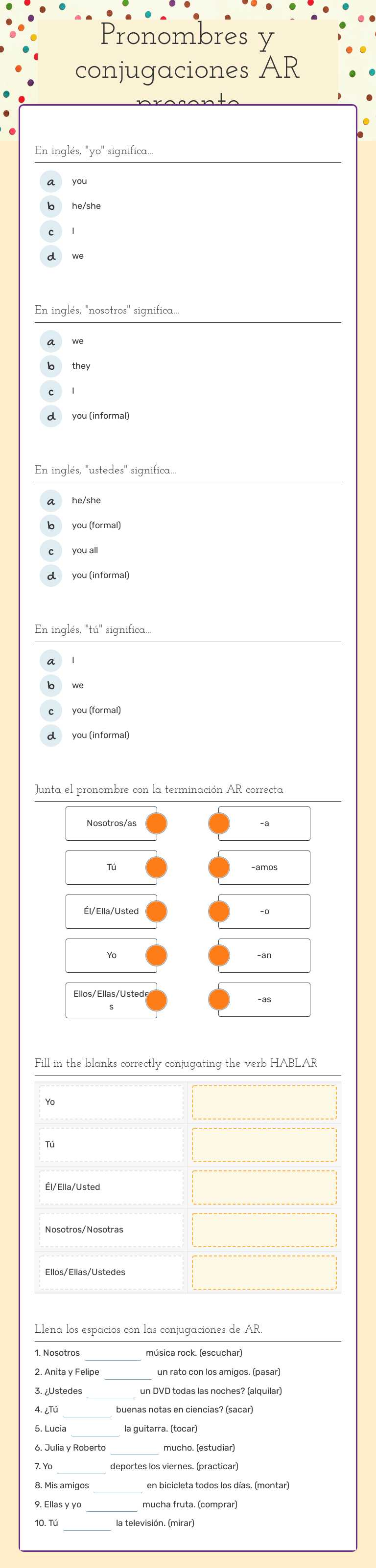 Pronombres y conjugaciones AR presente Grade 5 worksheet preview