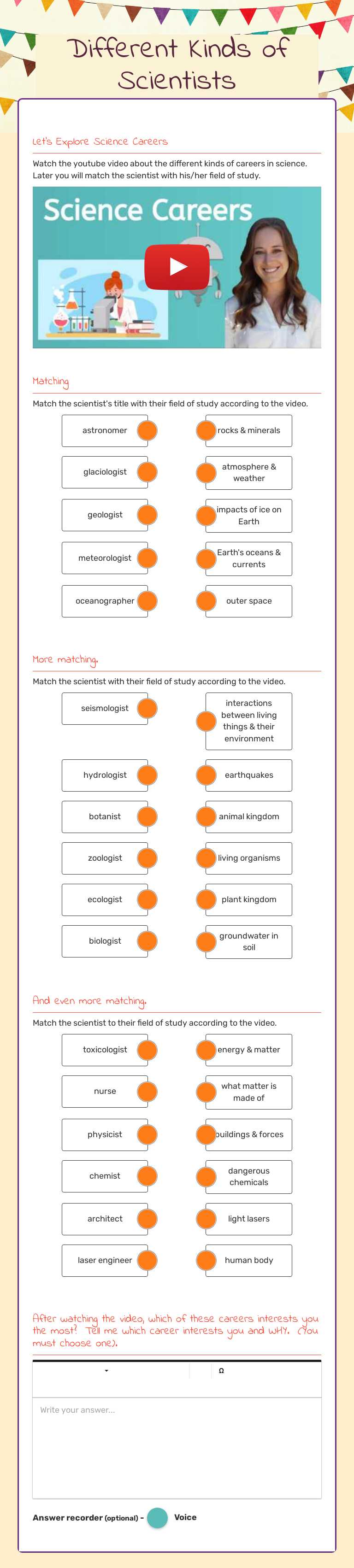 Different Kinds of Scientists worksheet preview image