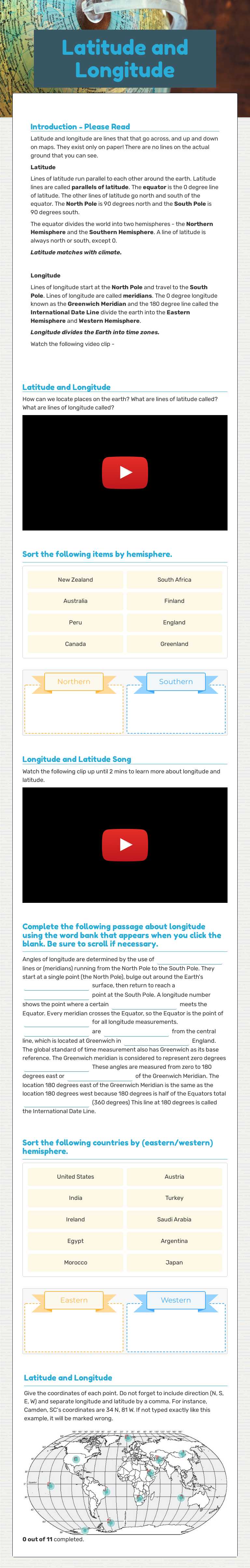 Latitude and Longitude worksheet preview image