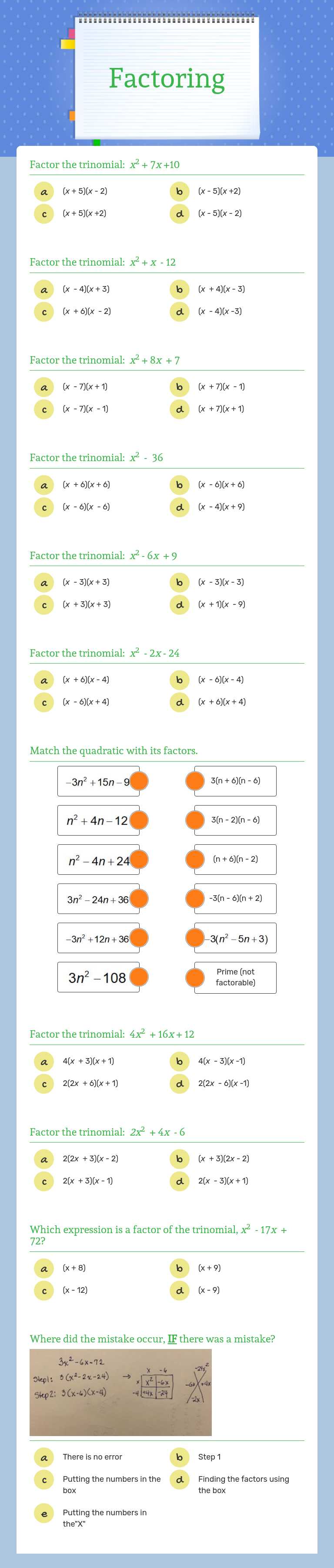 Factoring Grade 9 worksheet preview