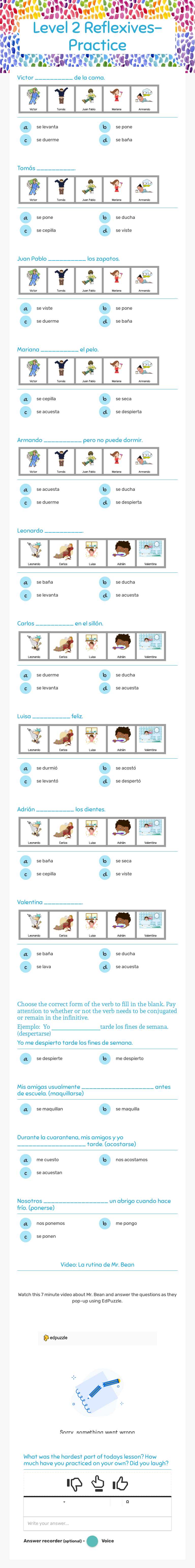 Level 2   Reflexives-Practice worksheet preview image