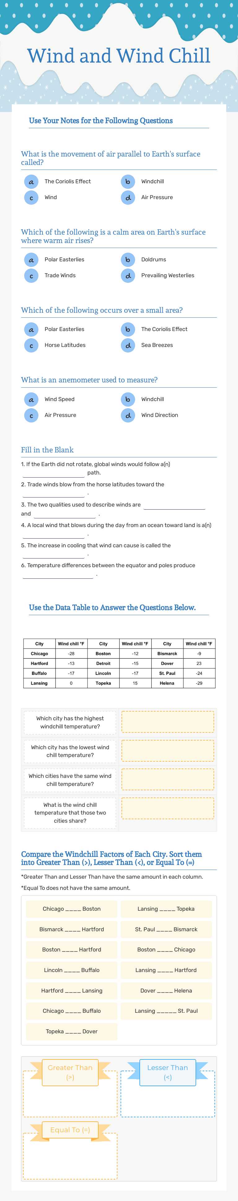 Wind and Wind Chill worksheet preview image