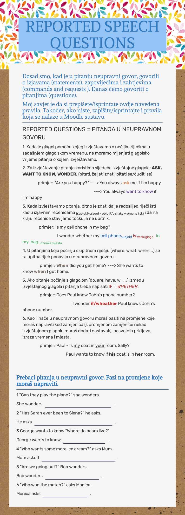 REPORTED SPEECH QUESTIONS Other worksheet preview