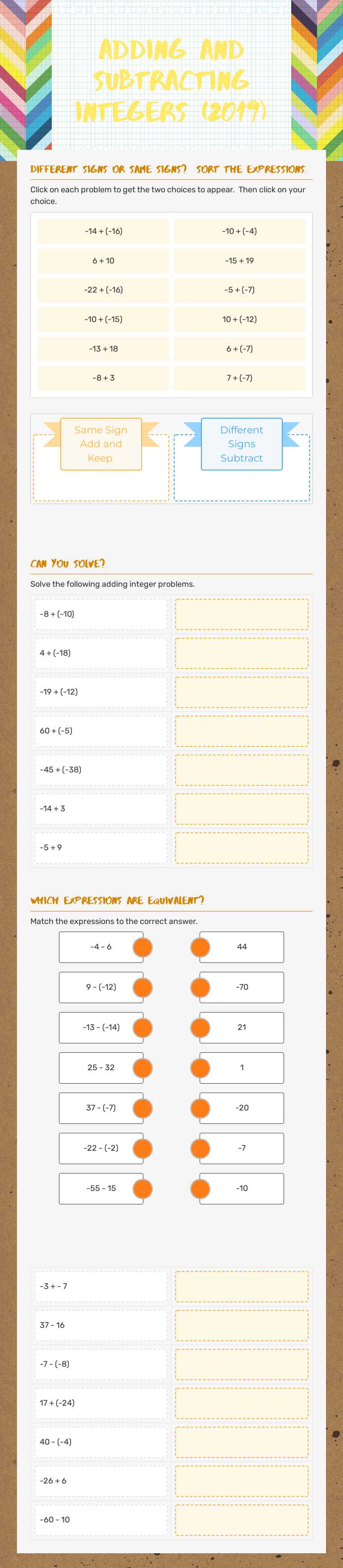 Adding and subtracting integers (2019) Grade 7 worksheet preview