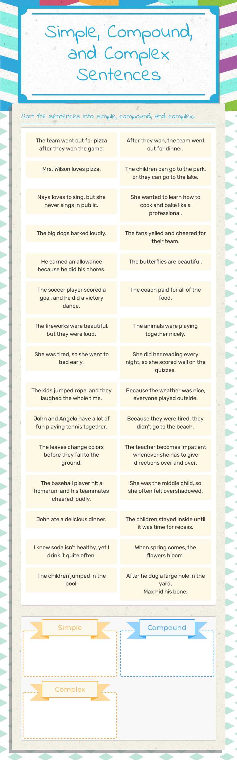 Simple, Compound, and Complex Sentences worksheet preview image