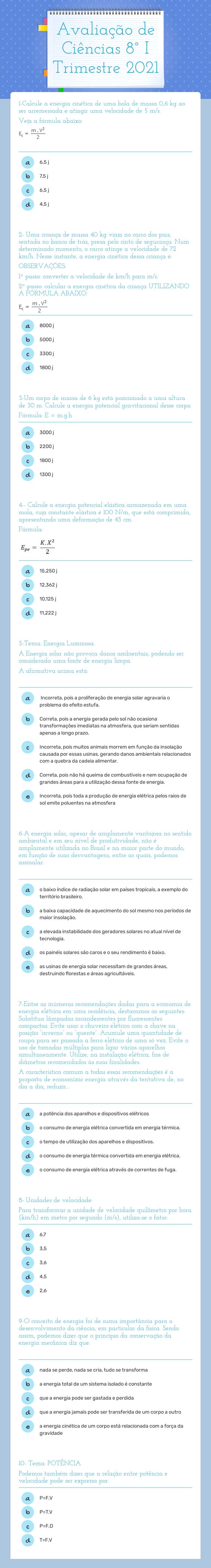 Avaliação de Ciências 8° I Trimestre 2021 worksheet preview image