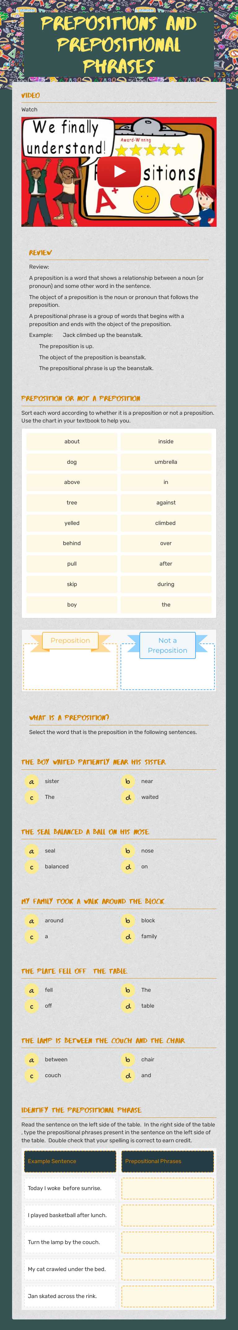 Prepositions and Prepositional Phrases Grade 4 worksheet preview
