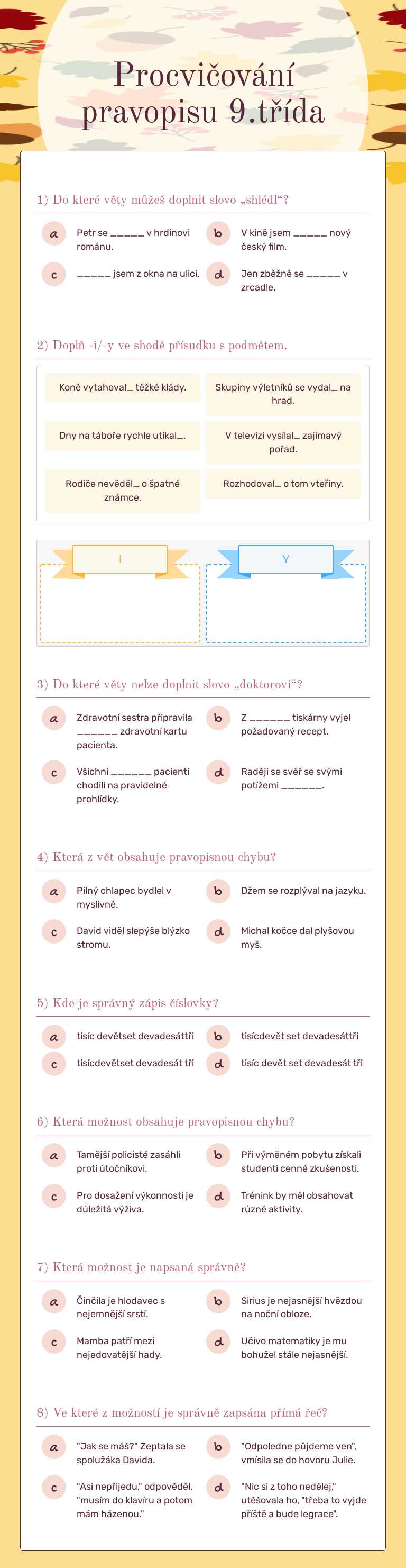 Procvičování pravopisu 9.třída Grade 8 worksheet preview