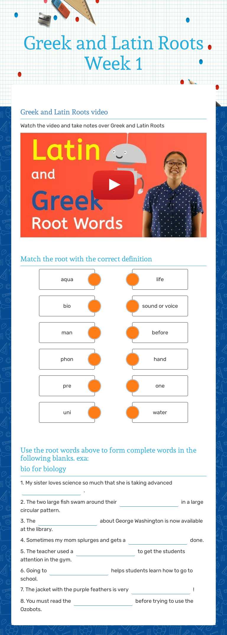 Greek and Latin Roots 
Week 1 worksheet preview image