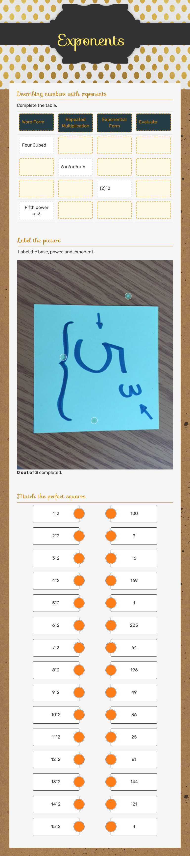 Exponents worksheet preview image