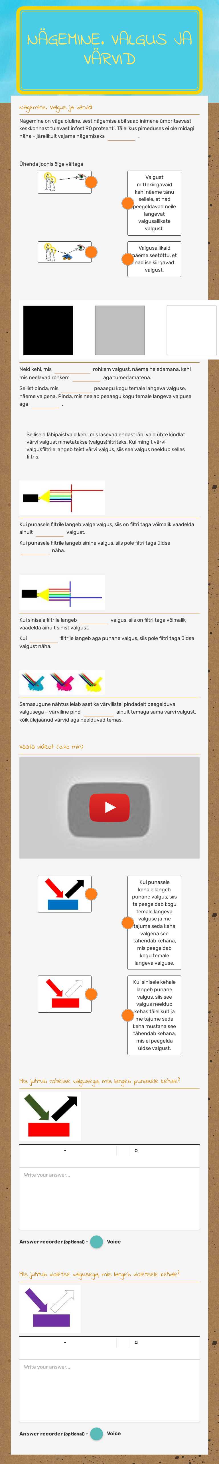 Nägemine. Valgus ja värvid Grade 8 worksheet preview