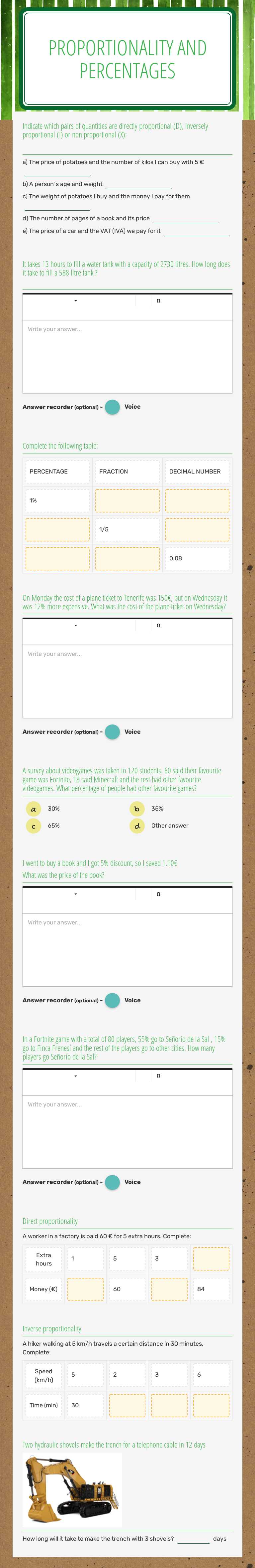 PROPORTIONALITY AND PERCENTAGES Grade 7 worksheet preview