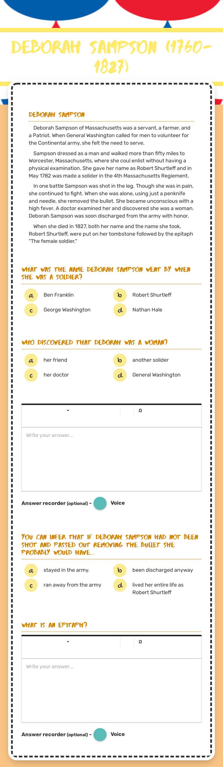 Deborah Sampson
(1760-1827) worksheet preview image