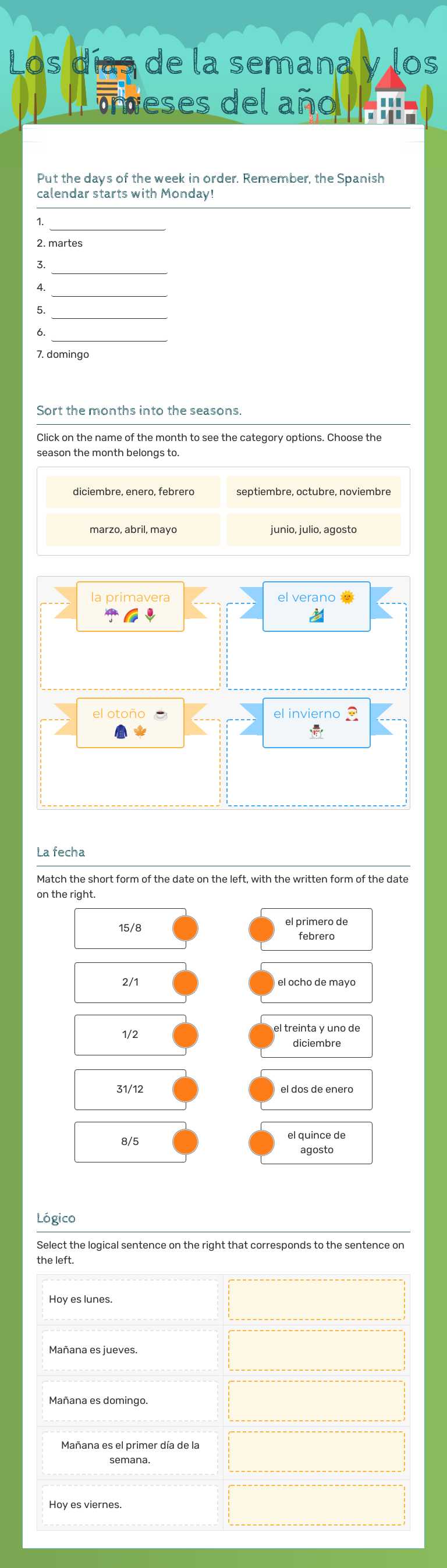 Los días de la semana y los meses del año Grade 7 worksheet preview