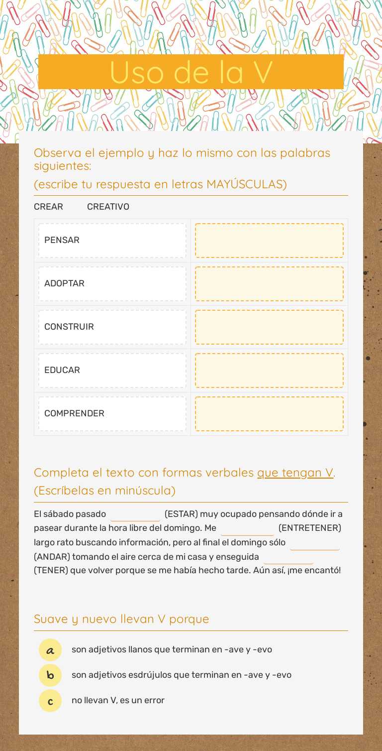Uso de la V worksheet preview image