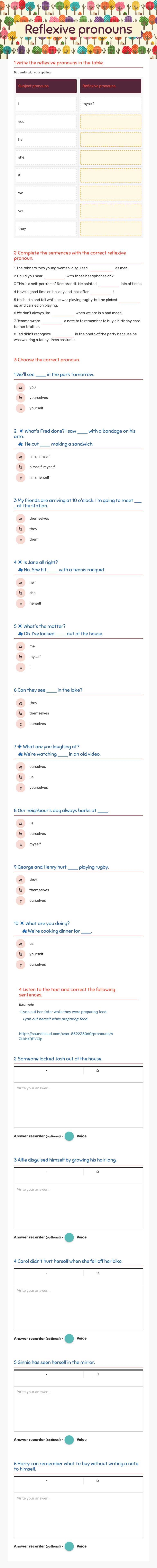 Reflexive pronouns Grade 7 worksheet preview