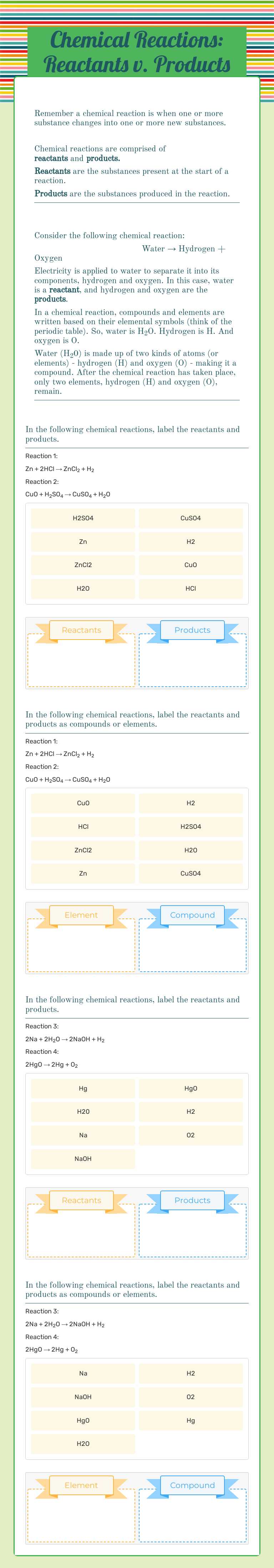 Chemical Reactions: Reactants v. Products Grade 10 worksheet preview