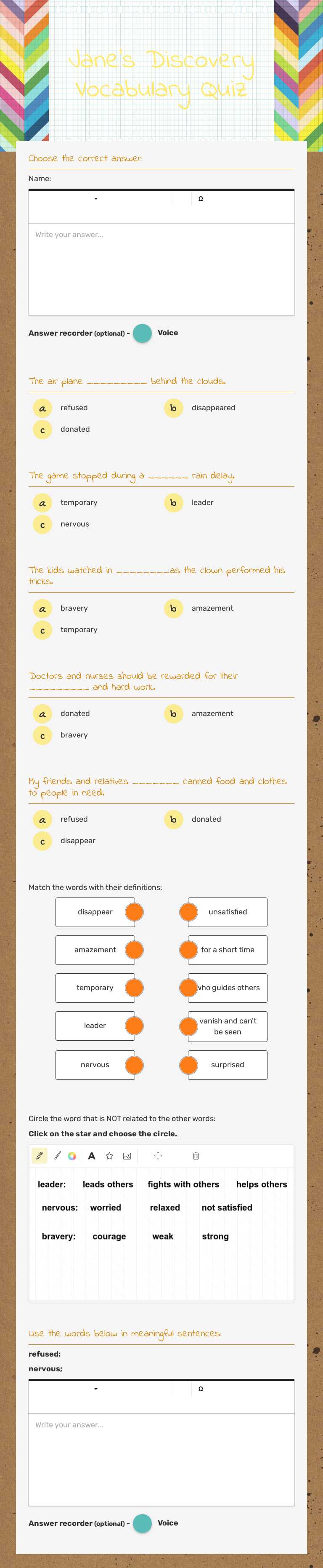 Jane's Discovery Vocabulary  Quiz worksheet preview image