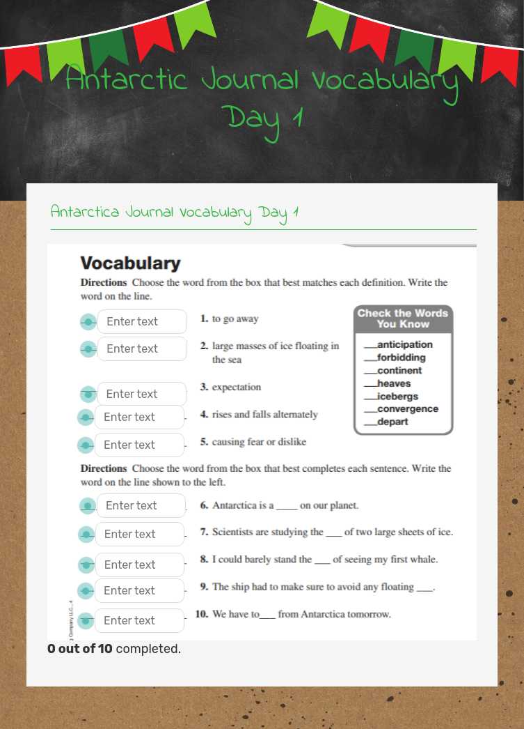 Antarctic Journal Vocabulary Day 1 Grade 4 worksheet preview