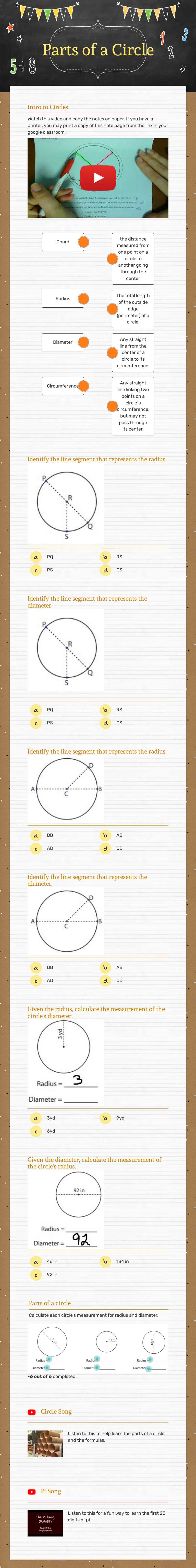 Parts of a Circle worksheet preview image