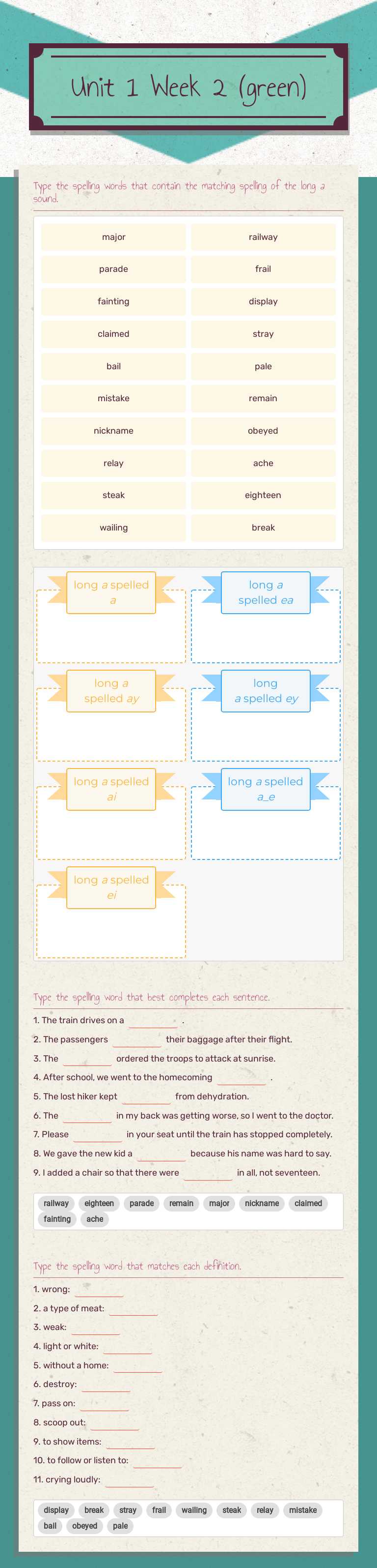 Unit 1 Week 2 (green) worksheet preview image