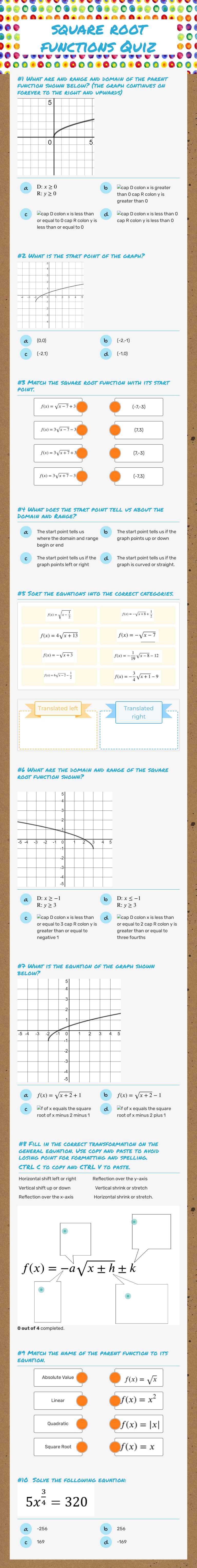 square root functions Quiz worksheet preview image