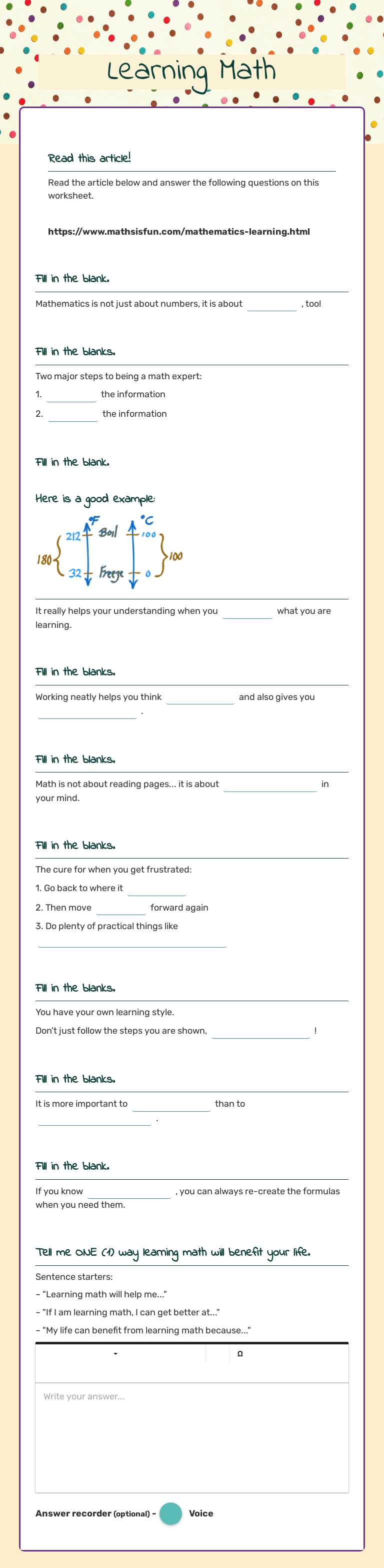 Learning Math worksheet preview image