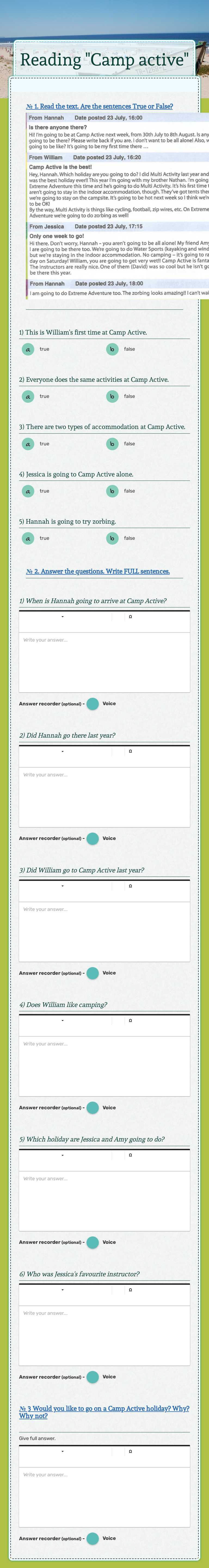 Reading "Camp active" Grade 6 worksheet preview