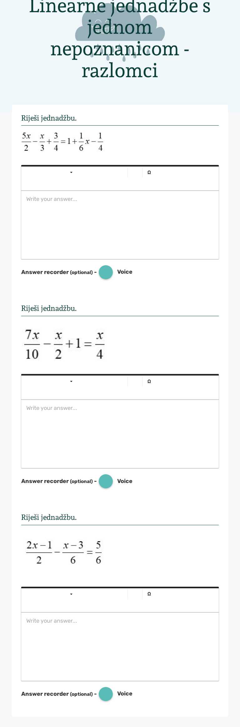 Linearne jednadžbe s jednom nepoznanicom - razlomci worksheet preview image