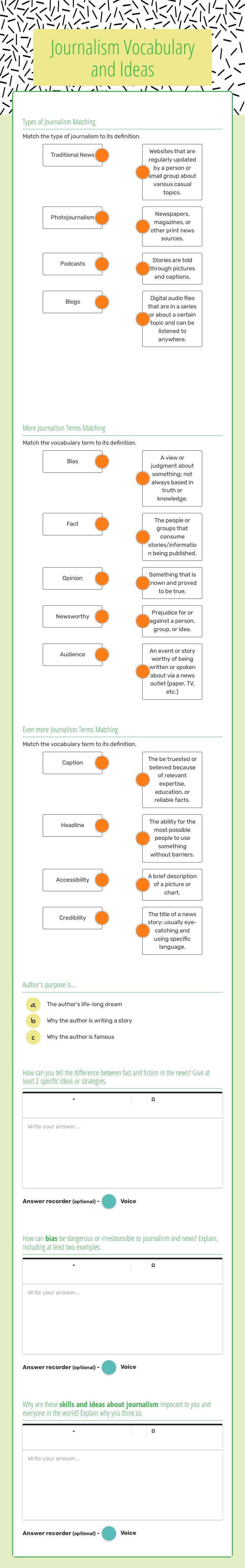 Journalism Vocabulary and Ideas Grade 5 worksheet preview