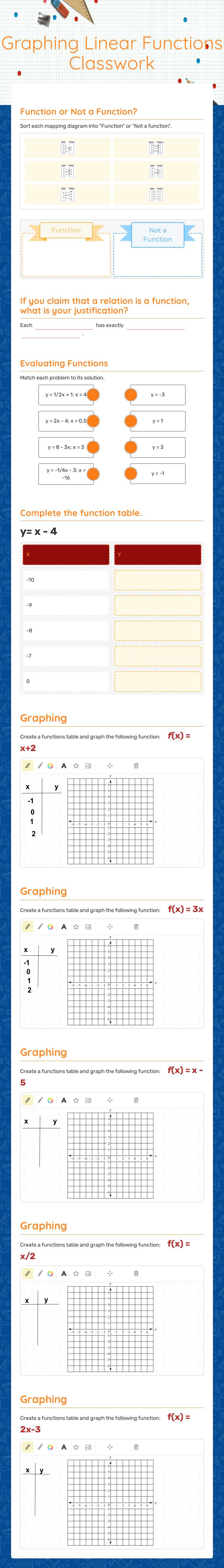 Function Tables and Graphing Linear Functions Quiz worksheet preview image