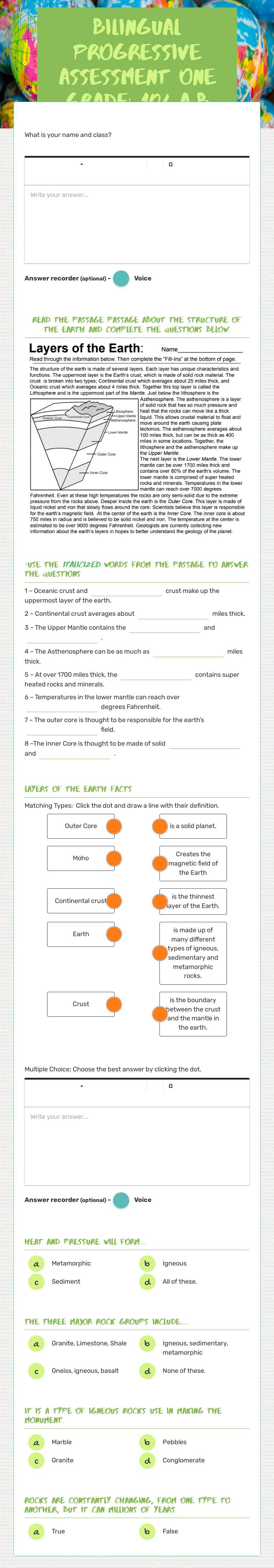 Bilingual progressive assessment one grade: 10/ a,b worksheet preview image
