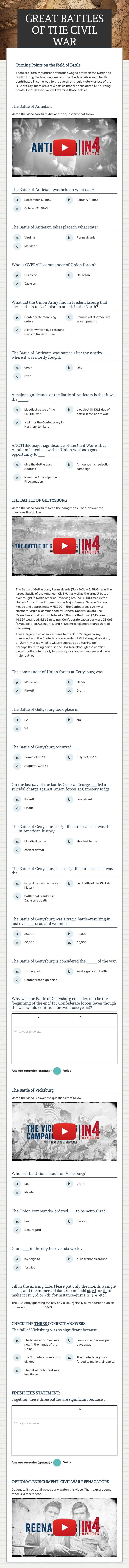 GREAT BATTLES OF THE          
          CIVIL WAR worksheet preview image