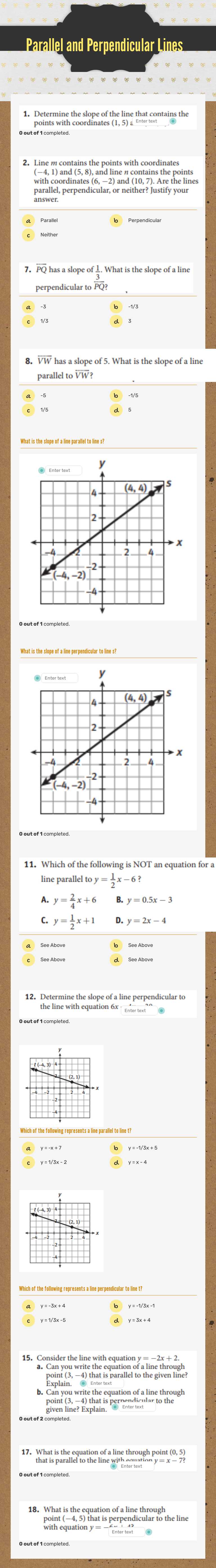 Parallel and Perpendicular Lines worksheet preview image