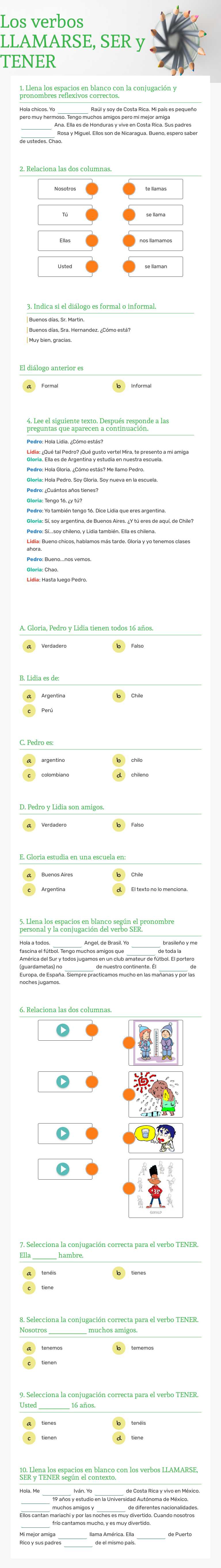 Los verbos LLAMARSE, SER y TENER Grade 11 worksheet preview