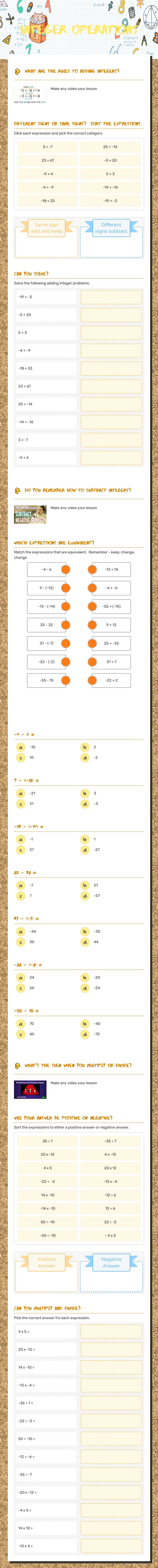 Integer Operations worksheet preview image