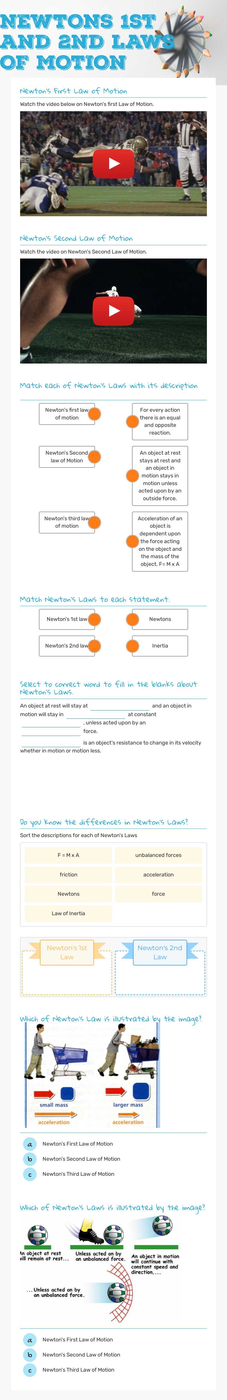 NEWTONS 1st and 2nd LAWS OF MOTIOn worksheet preview image