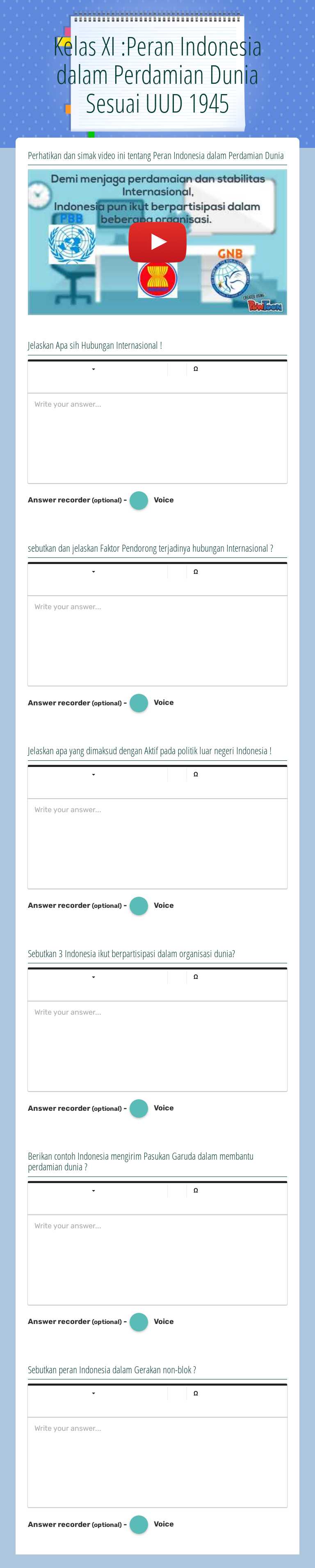 Kelas XI :Peran Indonesia dalam Perdamian Dunia Sesuai UUD 1945 worksheet preview image