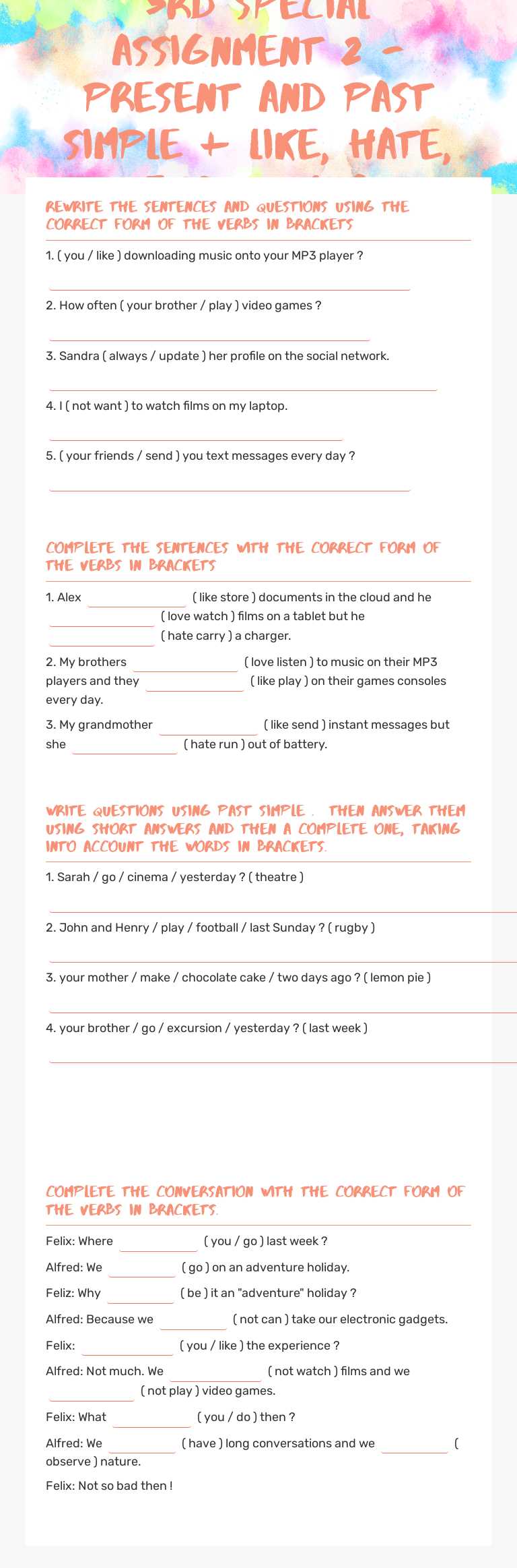 3rd Special Assignment 2 - Present and Past Simple + like, hate, etc. + -ing worksheet preview image