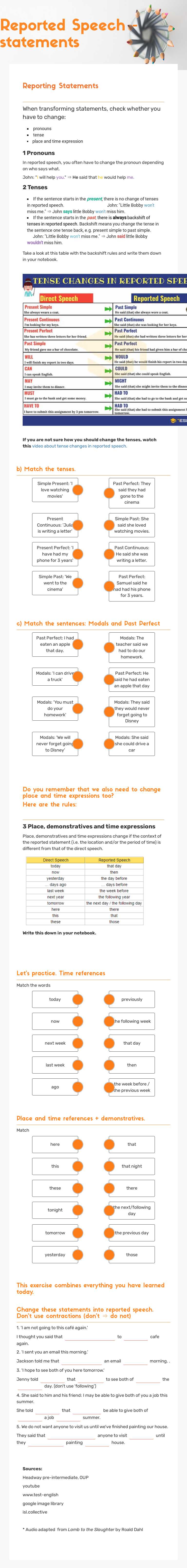 Reported Speech - statements worksheet preview image