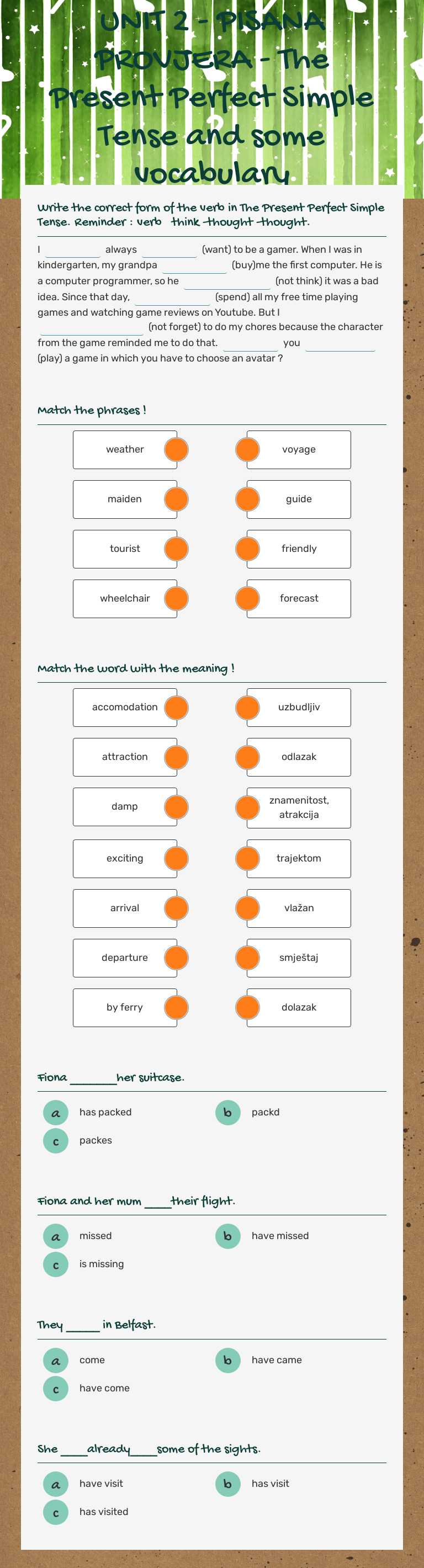 UNIT 2 - PISANA PROVJERA  - The Present Perfect Simple Tense and some vocabulary worksheet preview image