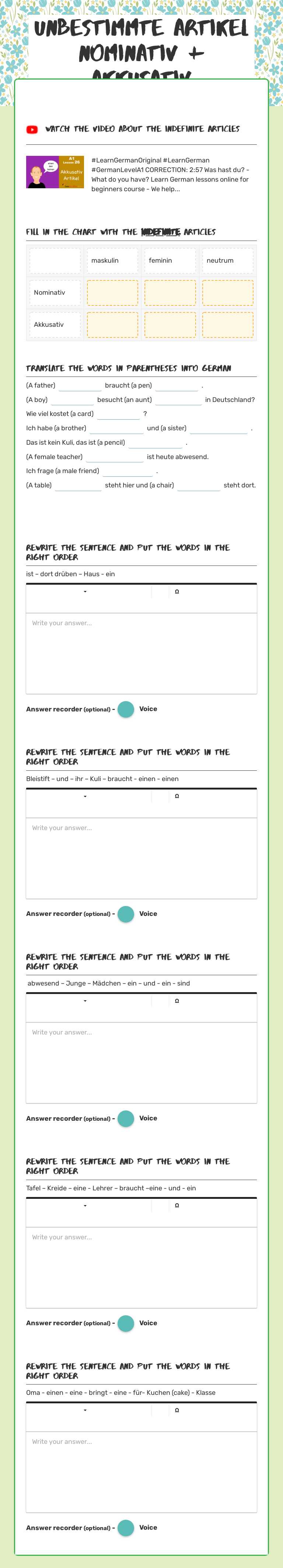 unbestimmte artikel nominativ + akkusativ worksheet preview image