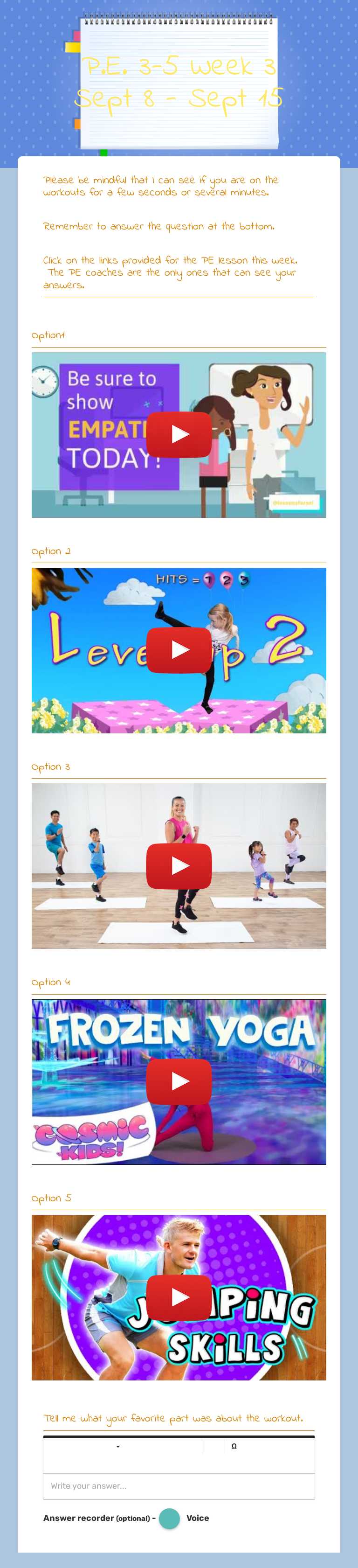 P.E. 3-5
Week 3 
Sept 8 - Sept 15 Grade 3 worksheet preview
