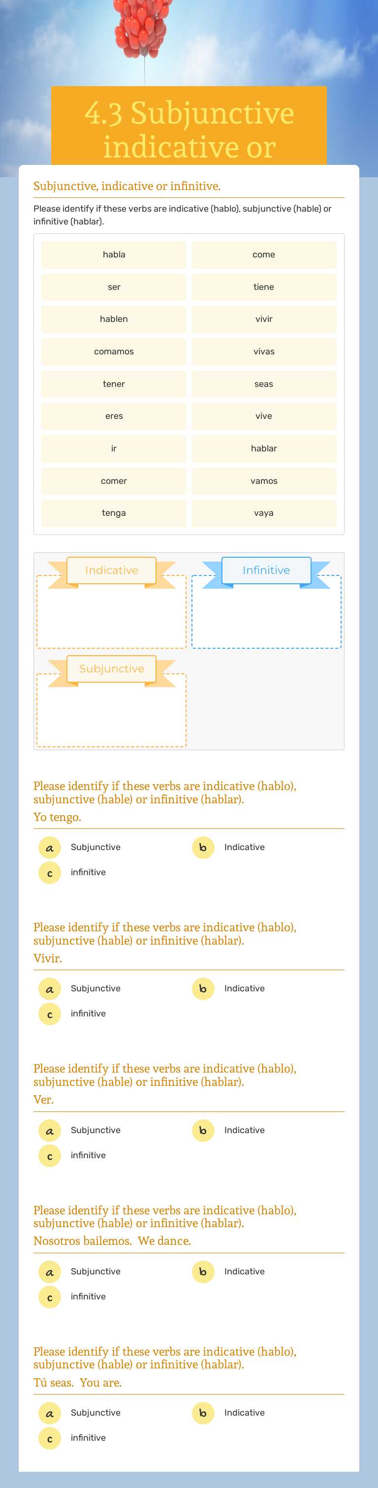 4.3 Subjunctive indicative or Infinitive worksheet preview image