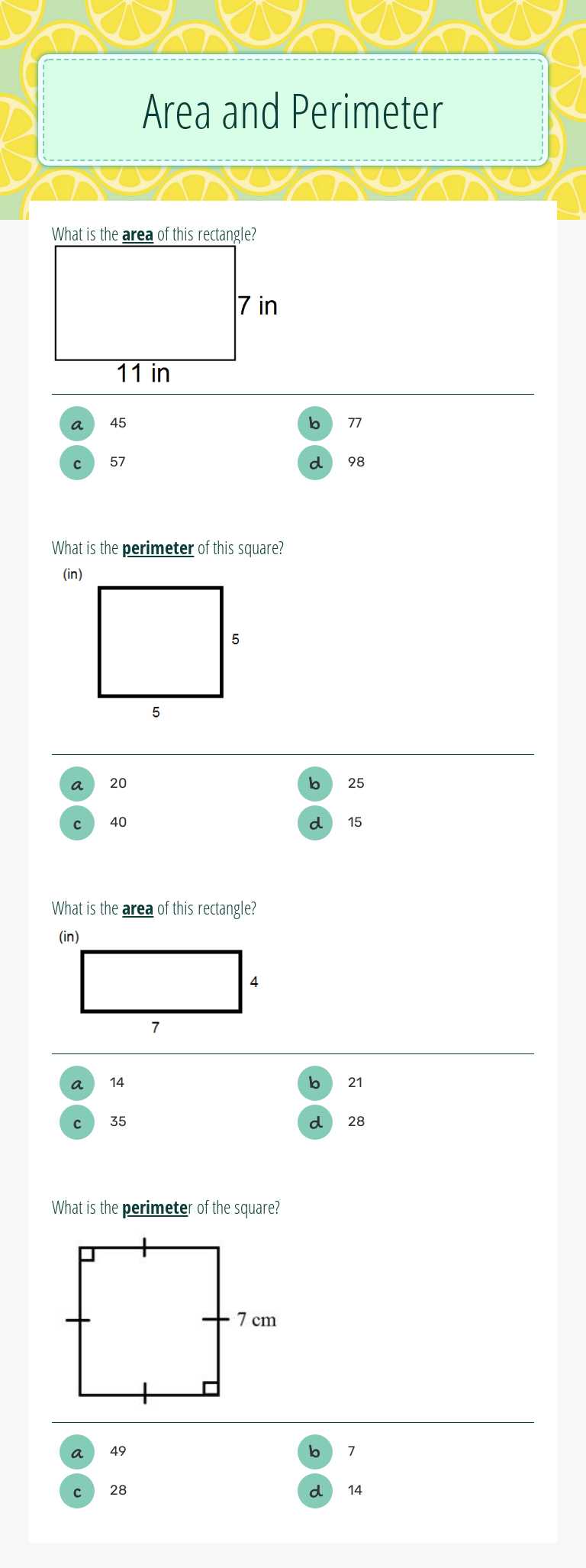 Area and Perimeter worksheet preview image
