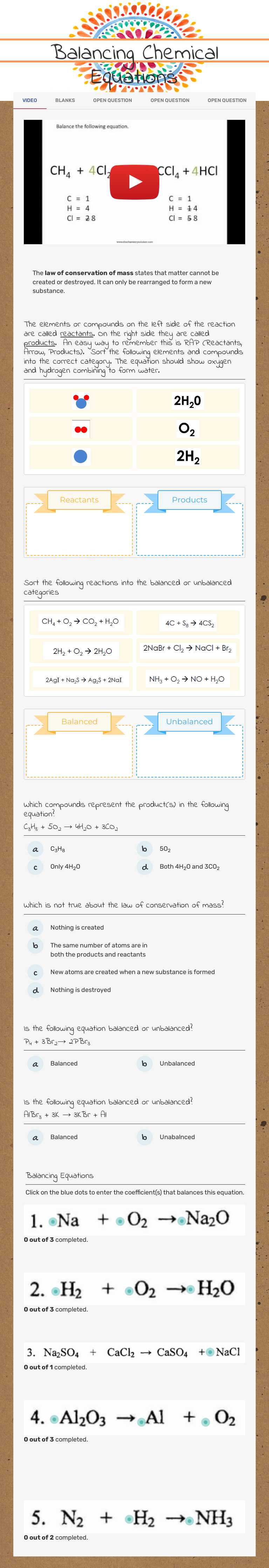 Balancing Chemical Equations worksheet preview image