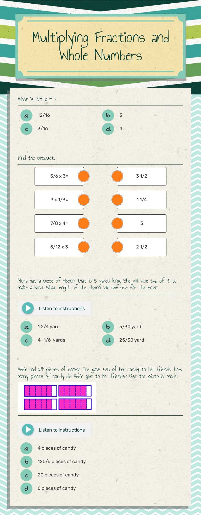 Multiplying Fractions and Whole Numbers Grade 5 worksheet preview