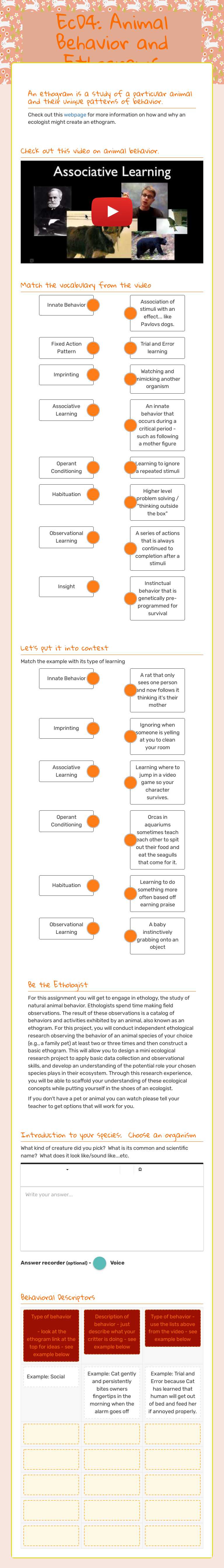 EcD4: Animal Behavior and Ethograms worksheet preview image