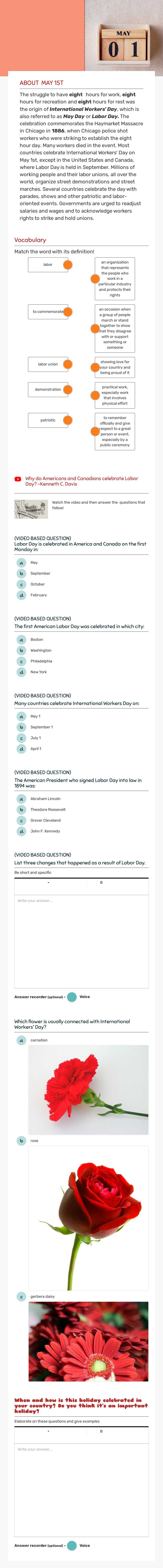 international workers' day/ may day/labor day Grade 9 worksheet preview